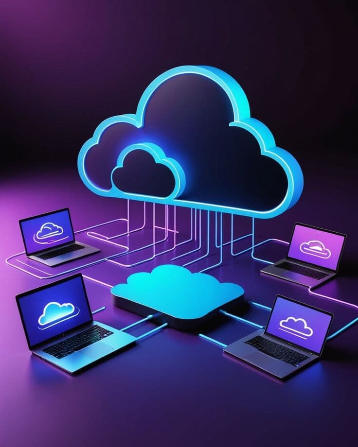Illustrated cloud system connecting multiple laptops and cloud nodes