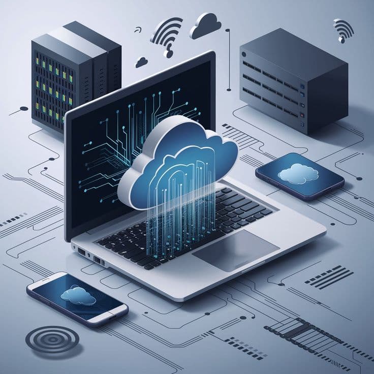 Illustrated cloud architecture linking servers, laptops and mobile devices