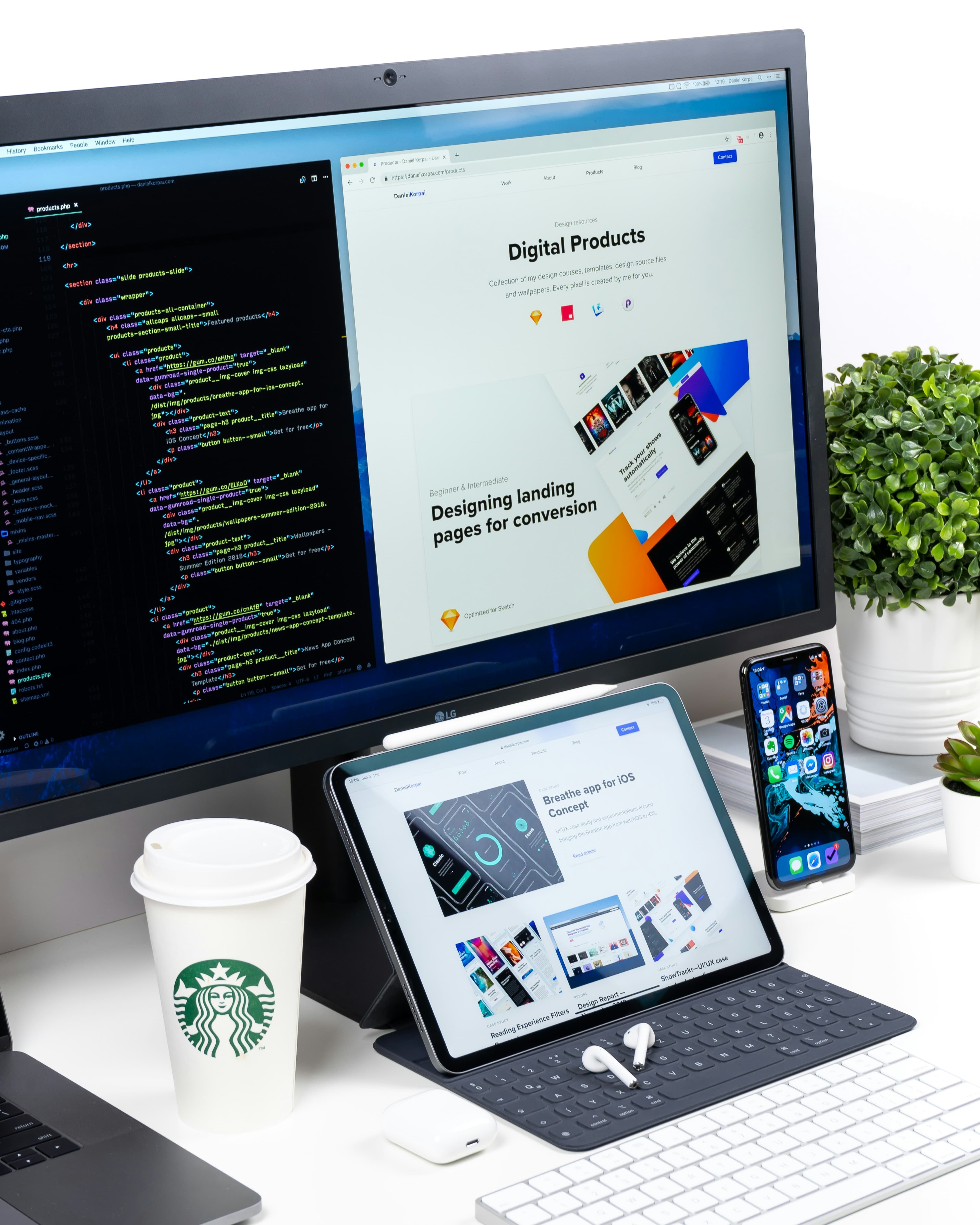 Multiple screens showing code, web interfaces and a mobile product
