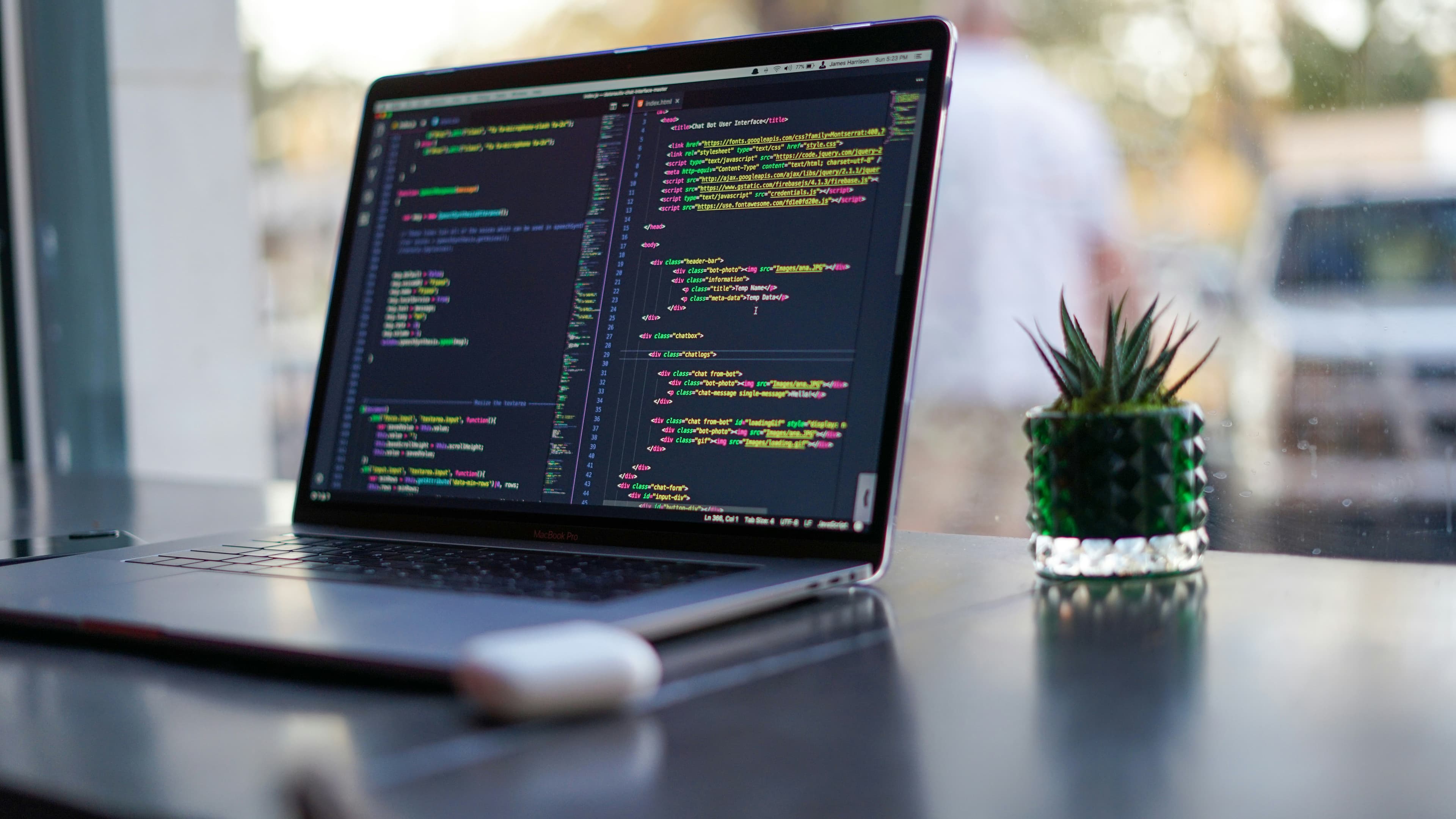 Laptop displaying source code beside a small plant