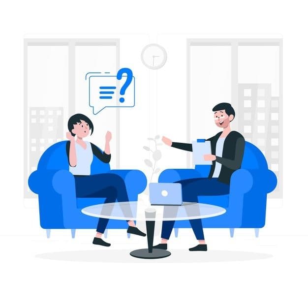 Illustration of two people discussing a question with a laptop between them