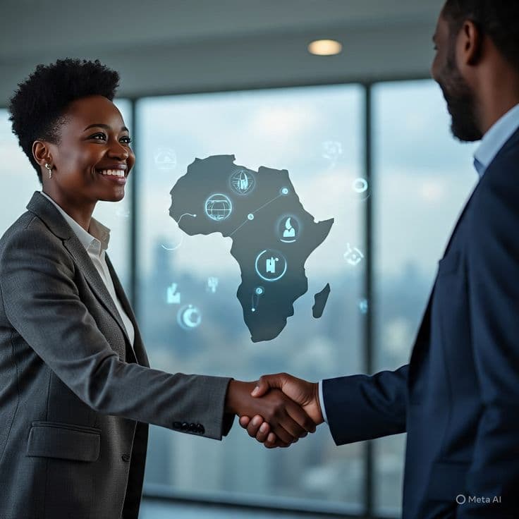 Business partners shaking hands in front of a digital map of Africa