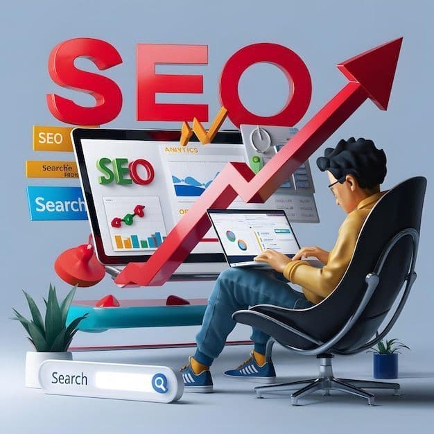 Illustration of search visibility, analytics and SEO planning on multiple screens