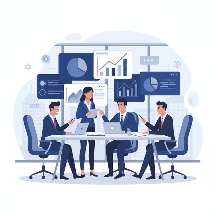 Illustration of a team reviewing dashboards and business planning information